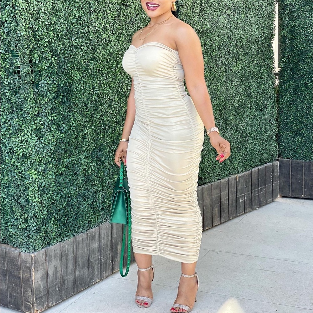 Champagne Shirring Bodycon Long Dress